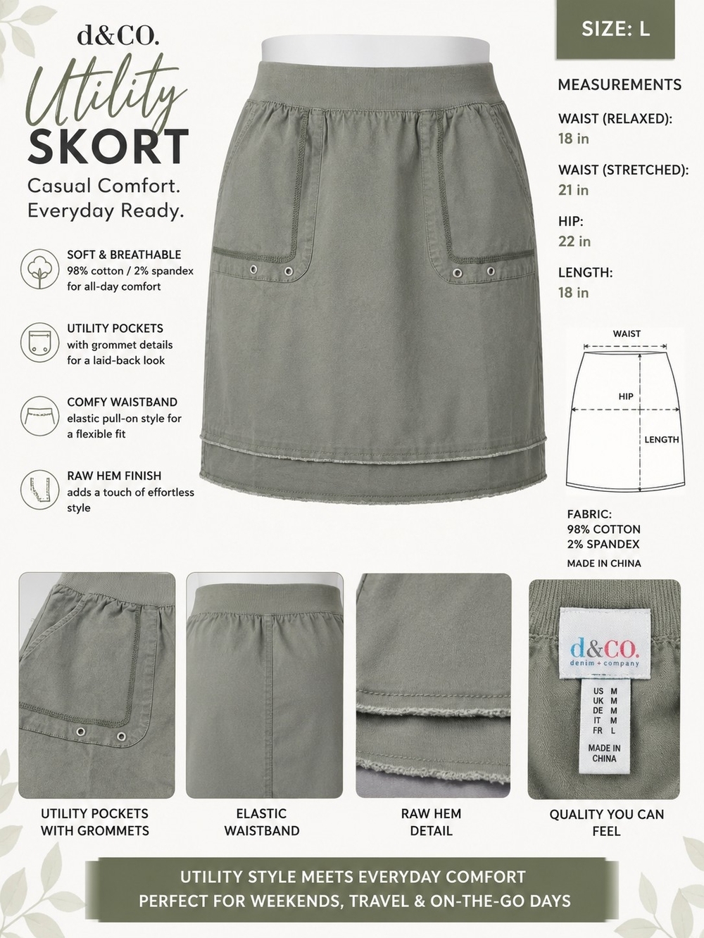 d&co. Denim + Company Olive Utility Skirt | Women's Medium | Casual Stretch Pull